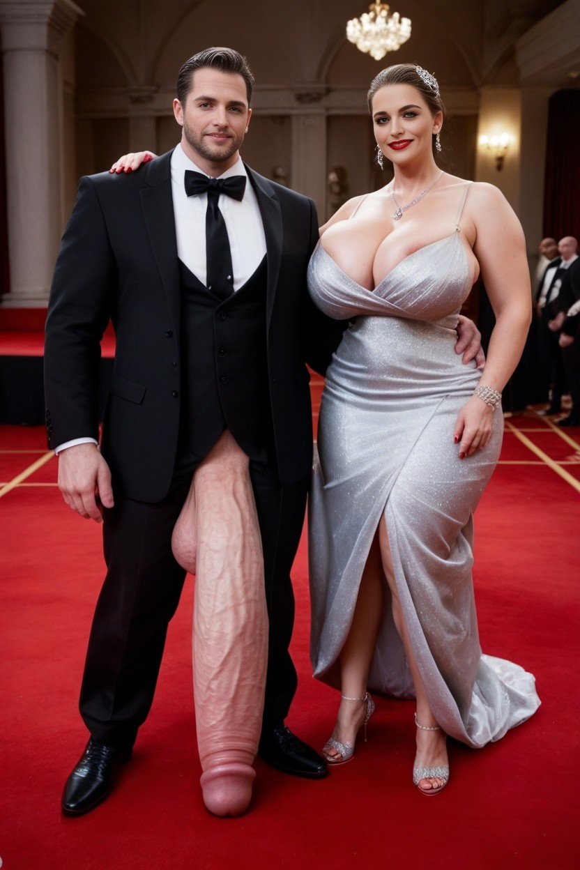 Woman Slight Pissy Slip, Extremely Big Man Body, Full Red Runway Carpet Travesti IA Pornô