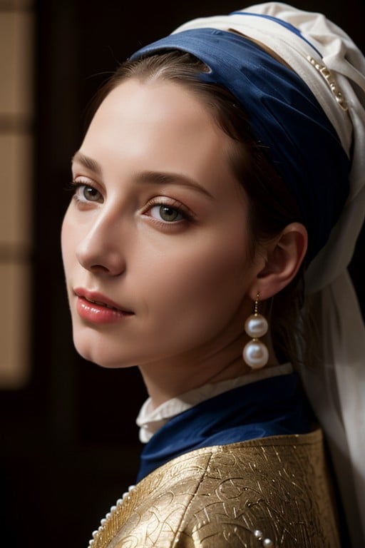 Medieval, Woman With A Pearl Earring Painting By Johannes Vermeer, HolandesaHentai IA