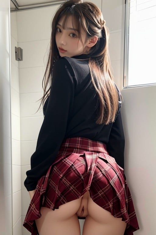 She Wear A Skirt, In Toilet Cubicle, ロング丈ニューハーフAIポルノ