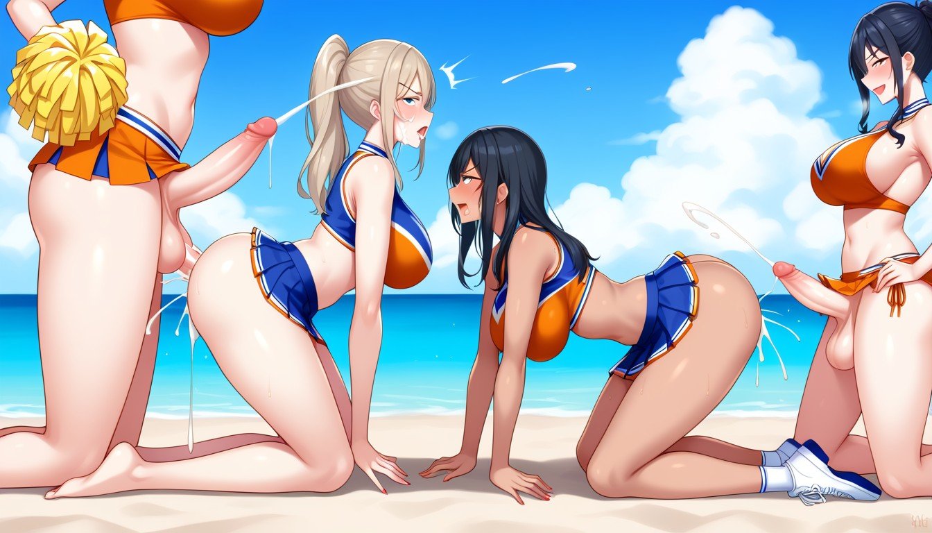 Harem, Two More Futanari Penetrating From Behind Side View, Beach Shemale AI Porn