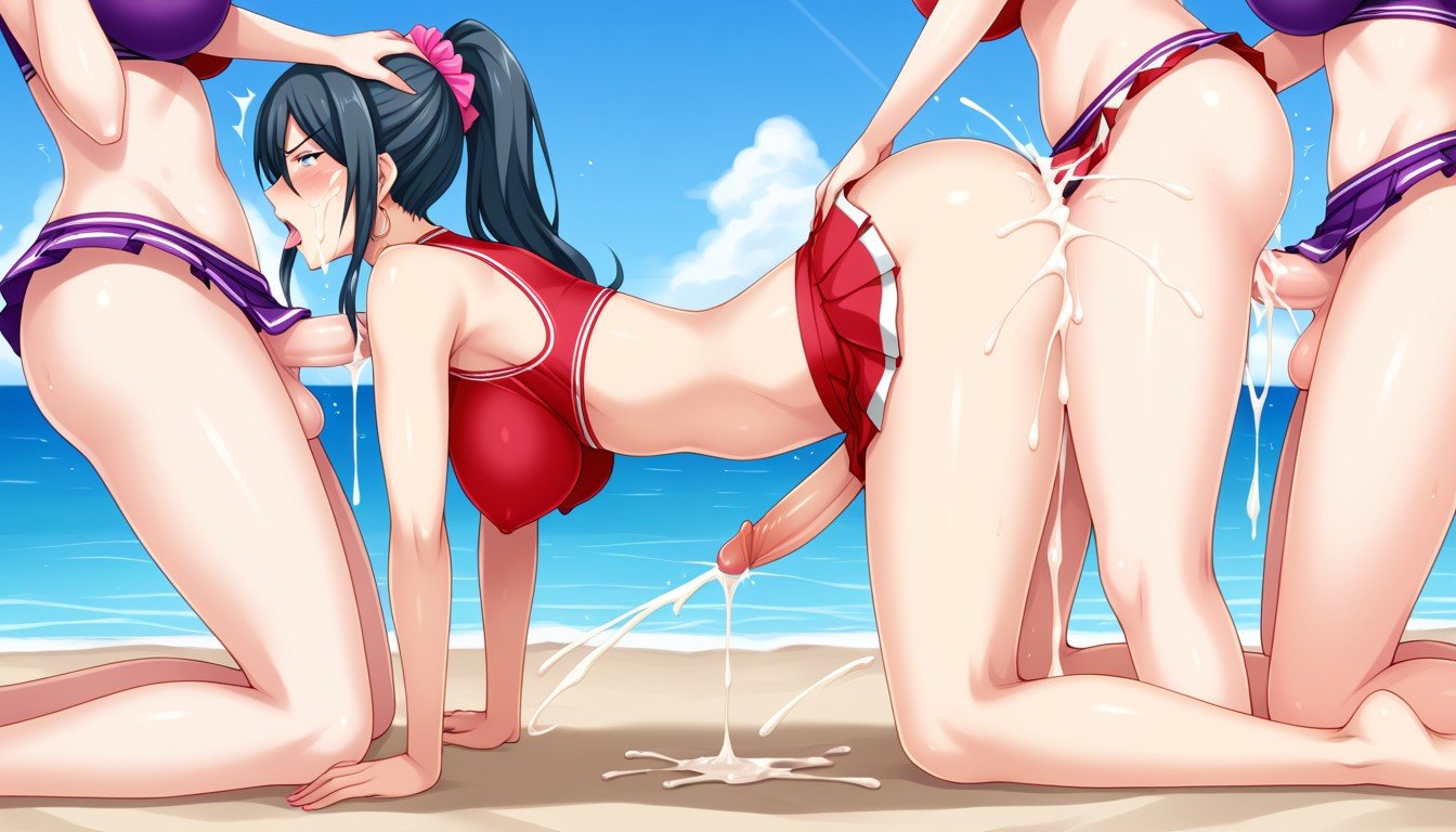 Harem, Two More Futanari Penetrating From Behind Side View, Beach Shemale AI Porn