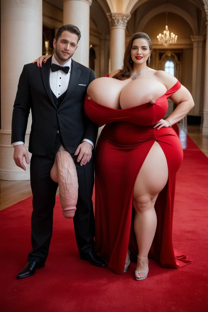 Extremely Big Man Body, Velvet Red Runway Carpet, Woman Slight Pissy Slip人妖AI色情