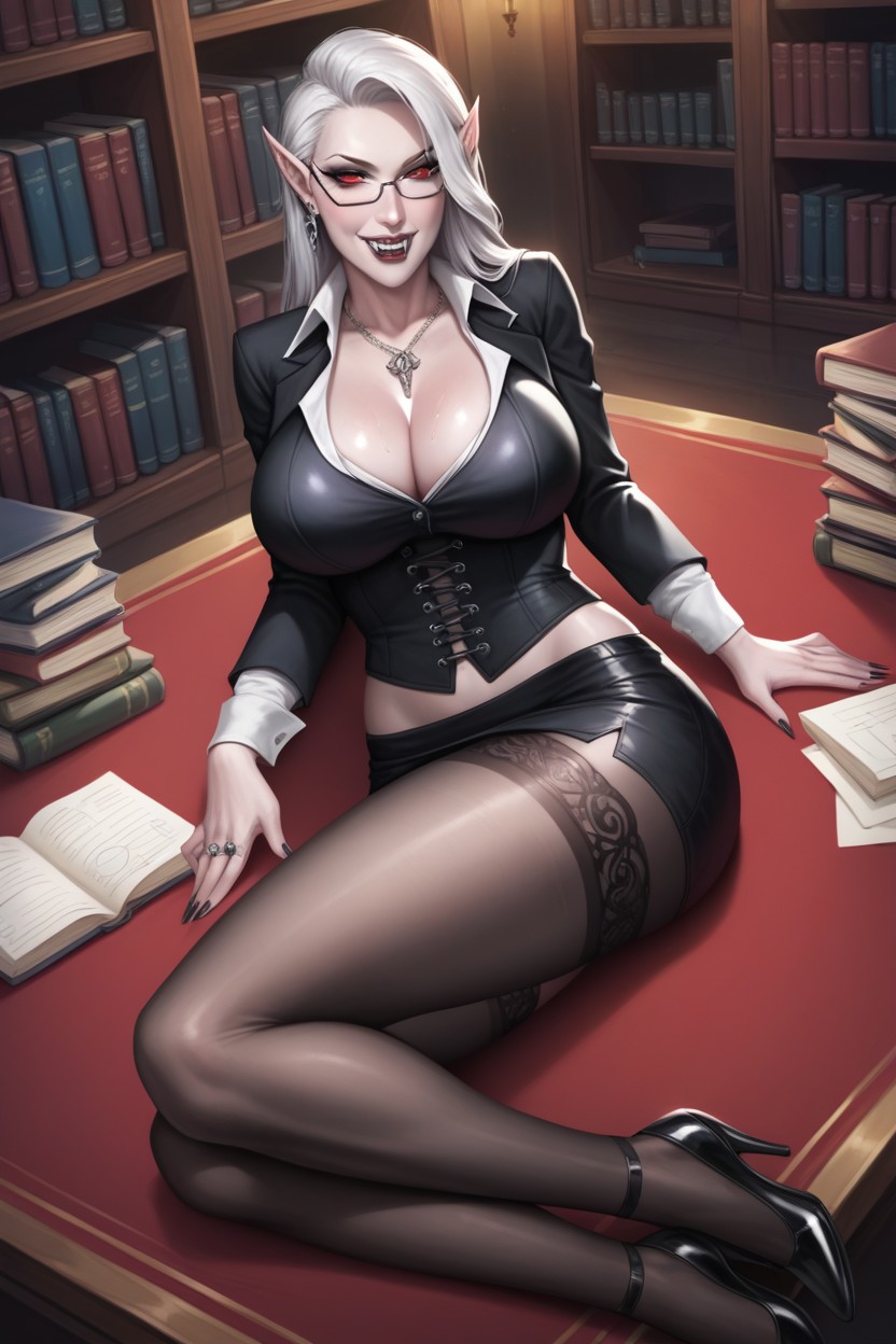 Glasses, She Has A Hourglass Figure As She Is Showing Off Her Curvy Features, Black Lace Pantyhose MILF AI Porn