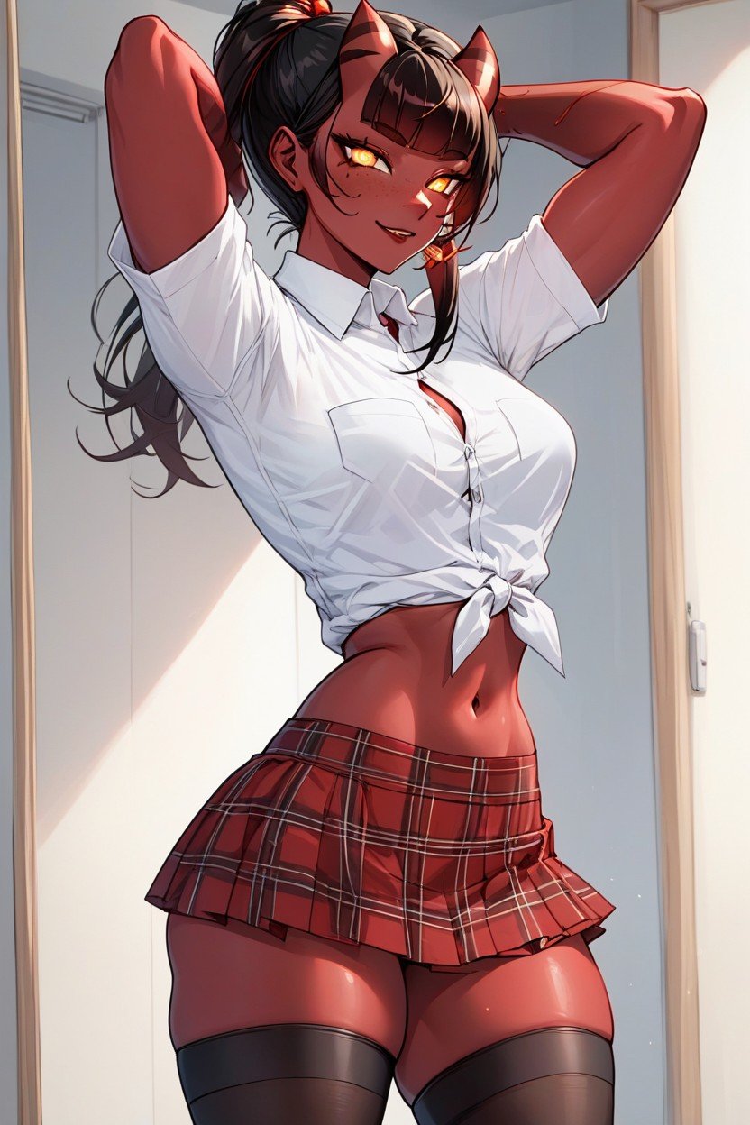 Dynamic Pose, Slutty Plaid Microskirt, Slutty Office Shirt쉬메일 AI 포르노