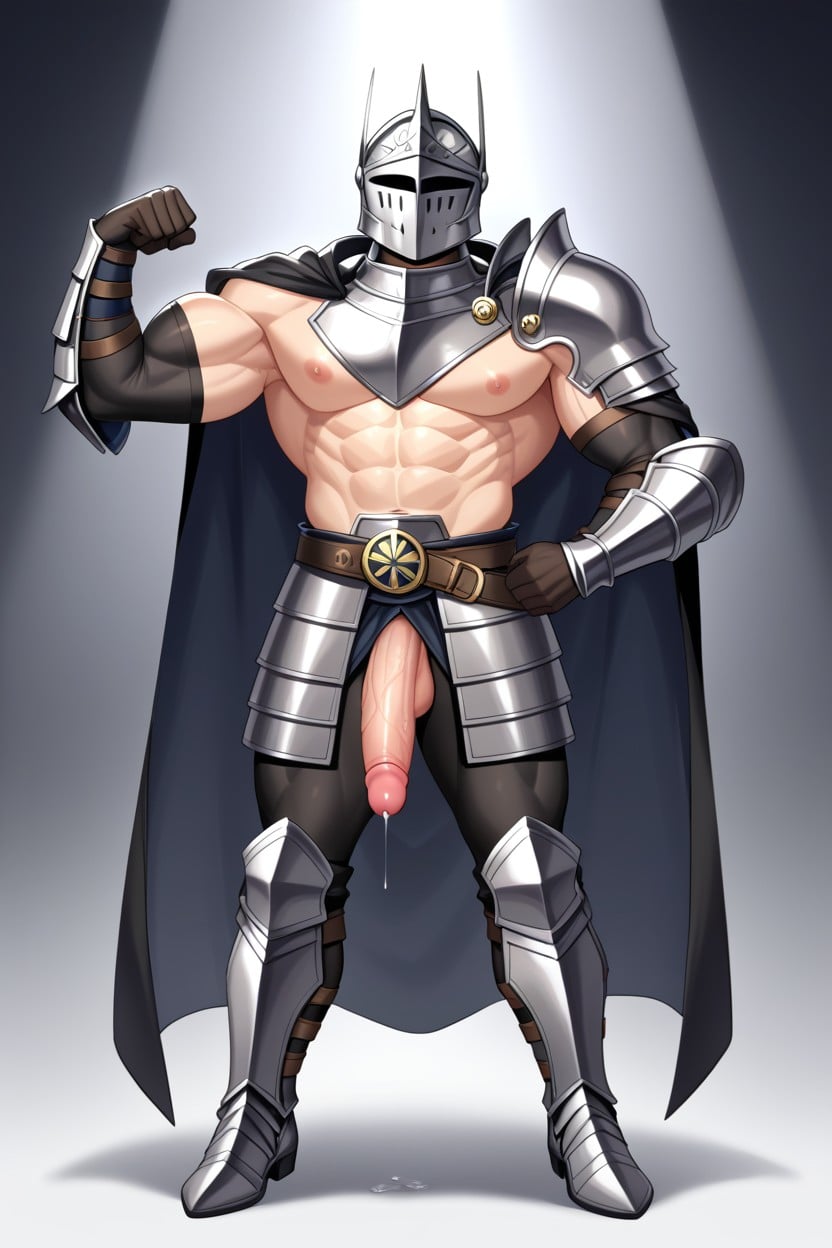 Black Armor Gloves, One Arm Flexing Muscle, Exposed Penis AI Gay Porn