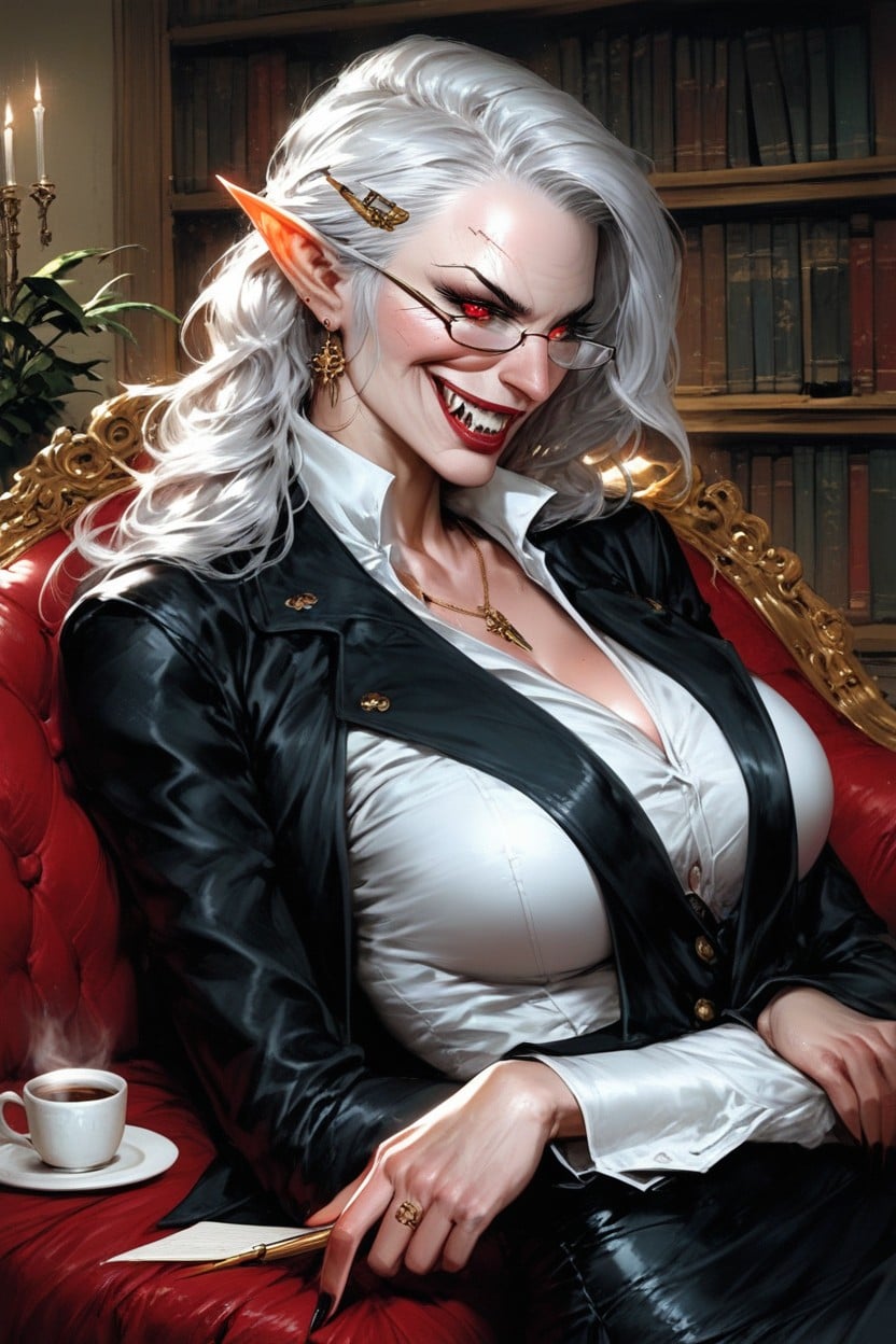 She Has Pale Porcelain Ghostlike White Skin, Silver Hair, Business Shirt On MILF AI Porn