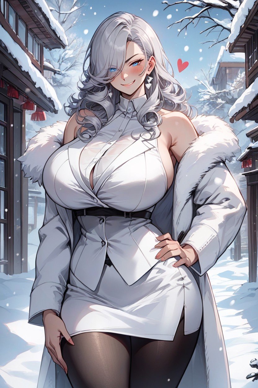 White Business Suit, Large Breasts, Mischievous (smiling While Blushing) Hentai AI Porn