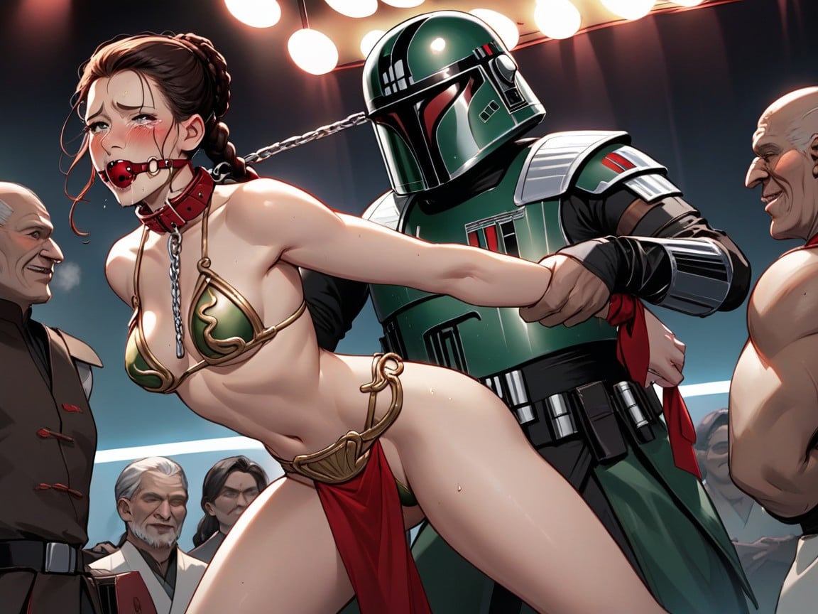 Leia From Star Wars In Bikini And Red Loincloth, Ball Gag, Tears Furry AI Porn