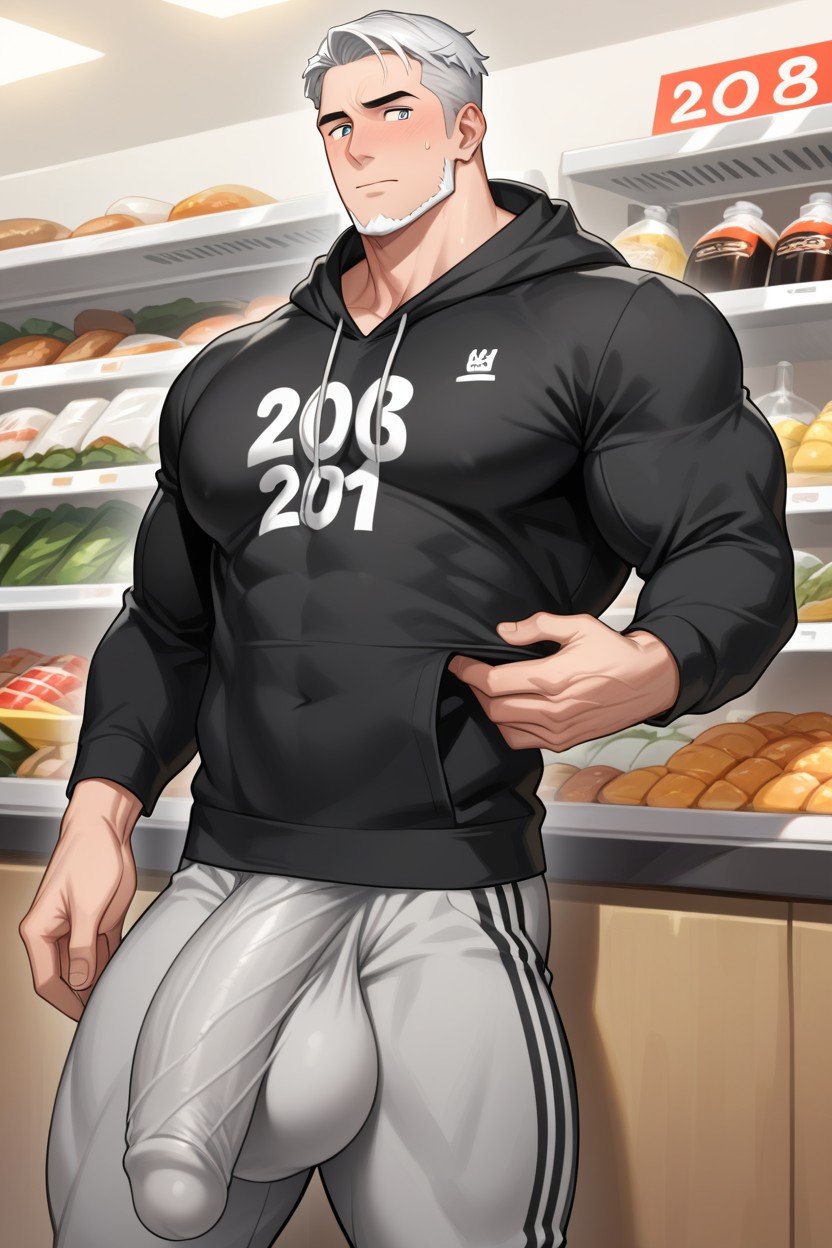 White American Hunk Standing In A Grocery Store Isle Wearing A Black Hoodie And Grey Sweatpants With Cock Bulging Down The Left Leg Of Sweatpants, 18+, MusclcularPorno IA Gay