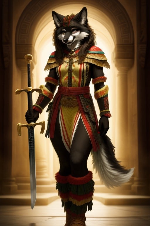 Furry Woman Wolf In Armour With Sword, Aztec, Standing Furry AI Porn