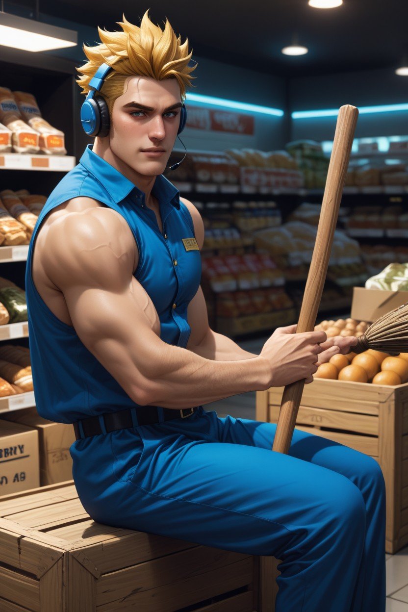 Holding Broom, Headphones, Wearing A Blue JumpsuitPorno IA Gay