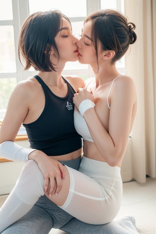 White Knee High Socks, Lesbians, Blue Yoga Pants Asian AI Porn