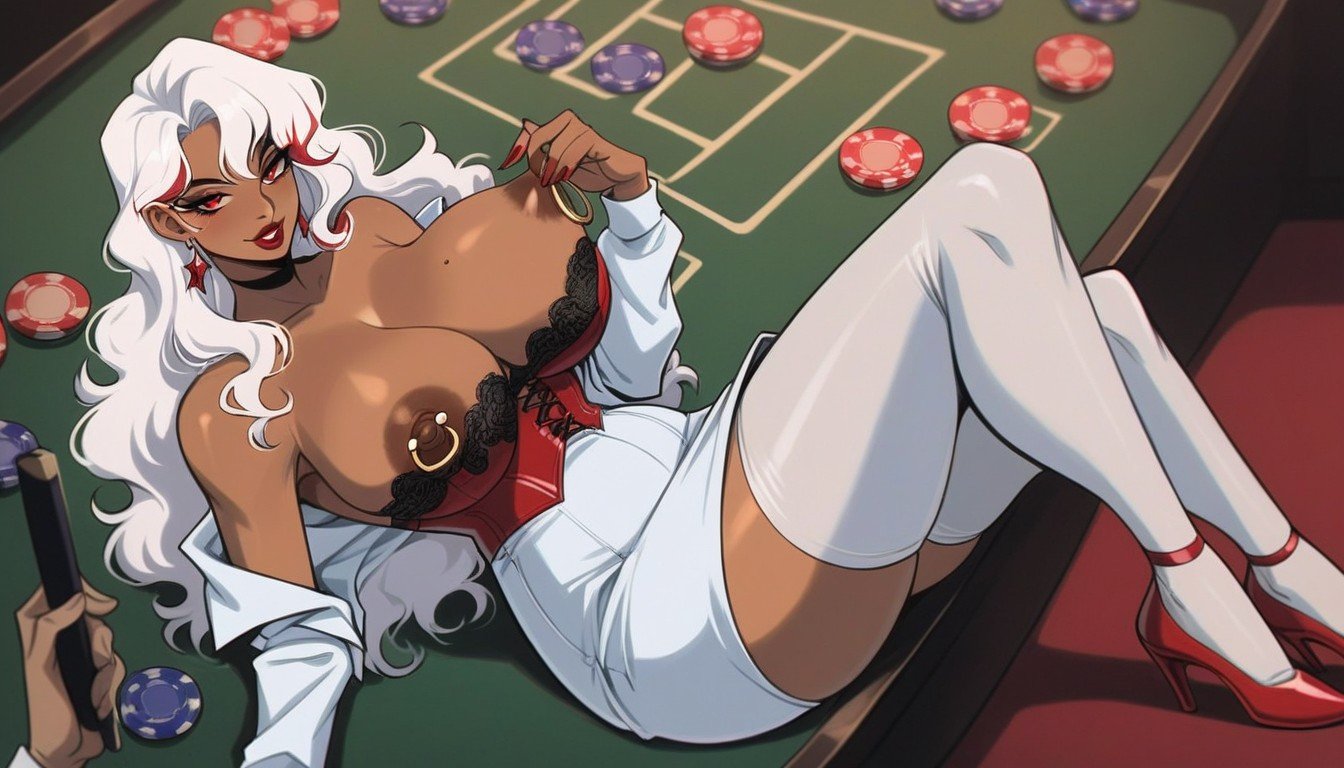 Thick Thighs, Casino, White Hair With Red Highlights Hentai AI Porn