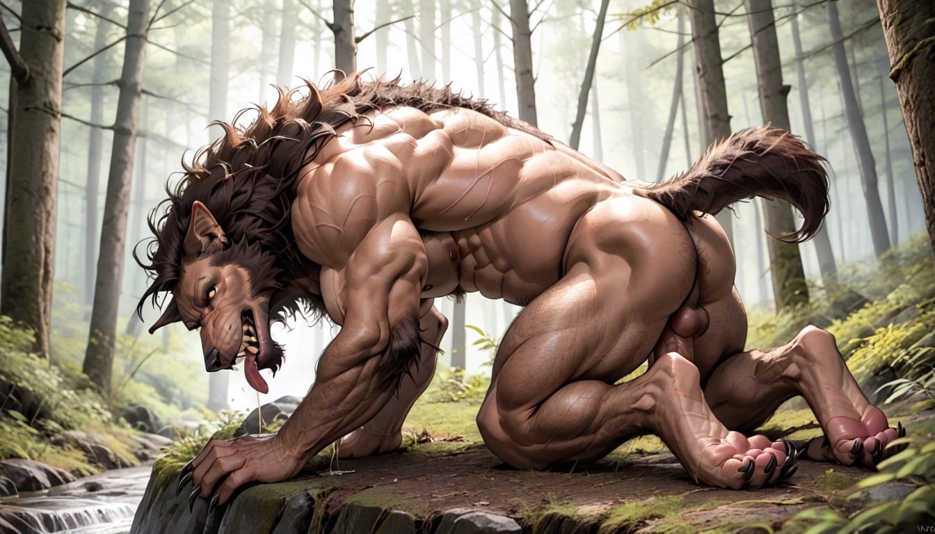 18+, Werewolf Body Is Covered With Light Brown Fur, The Werewolf Penis Is Red AI Gay Porn