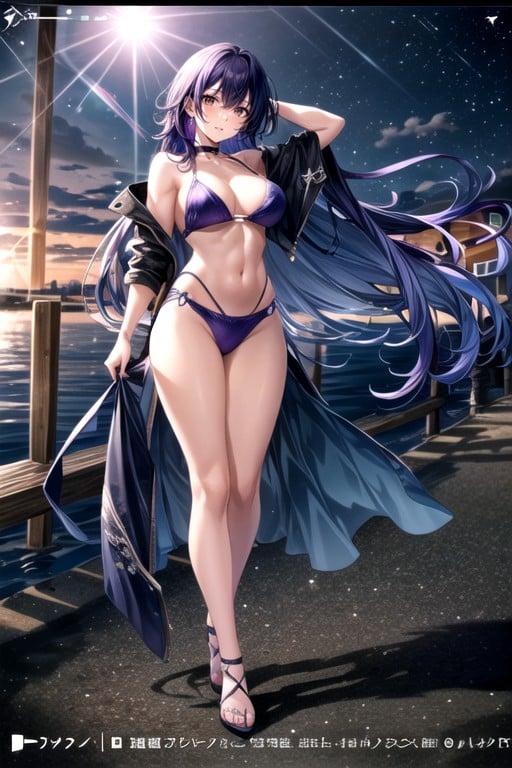 Detailed Background Of A Beach And Ocean, Body, Purple Hair Hentai AI Porn