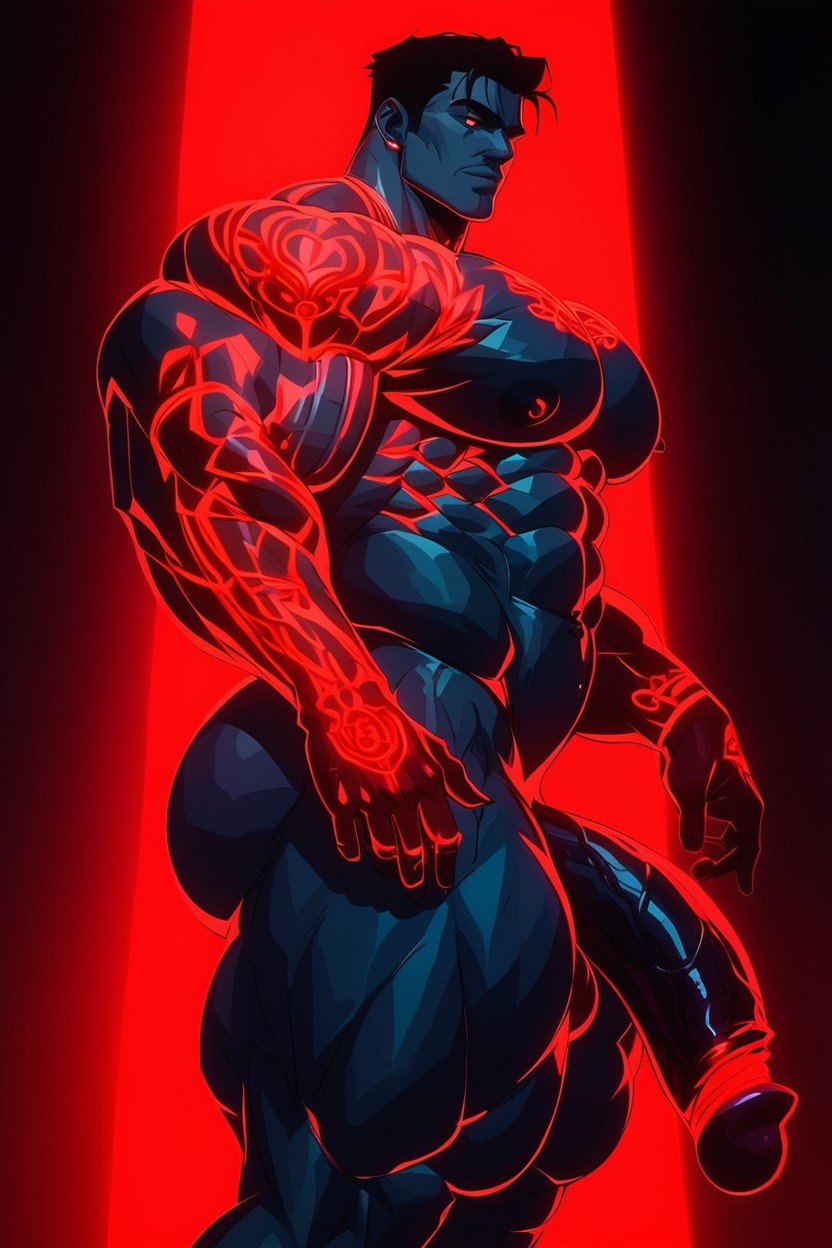 Vista Lateral, Red Neon Glowing, BodybuilderPorno gay IA