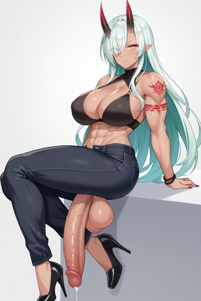 Green Hair, Abs, Large Breasts人妖AI色情