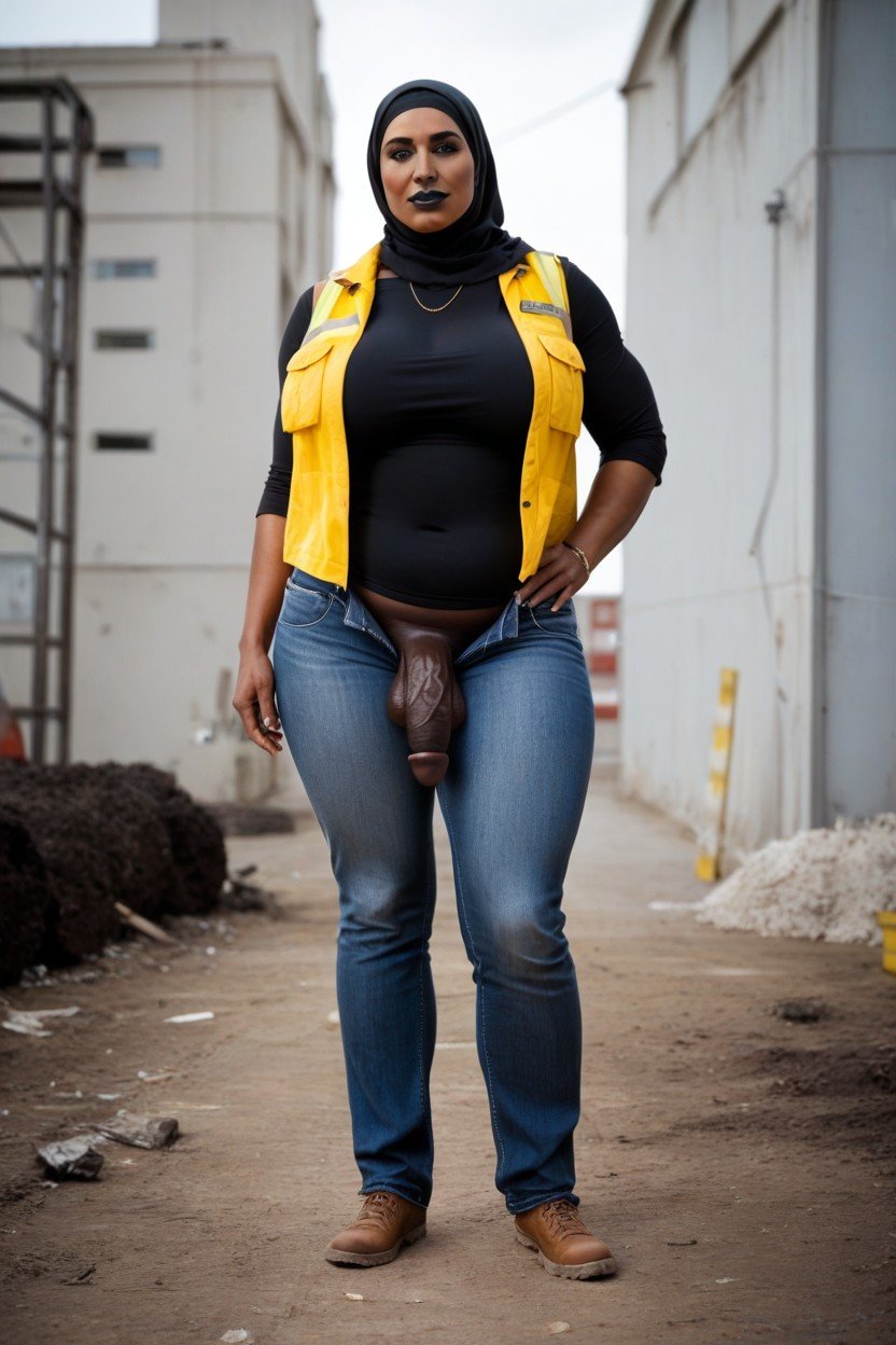 Construction Worker Vest, Black Lipstick, Wearing A Hijab And Top And Jeans Shemale AI Porn