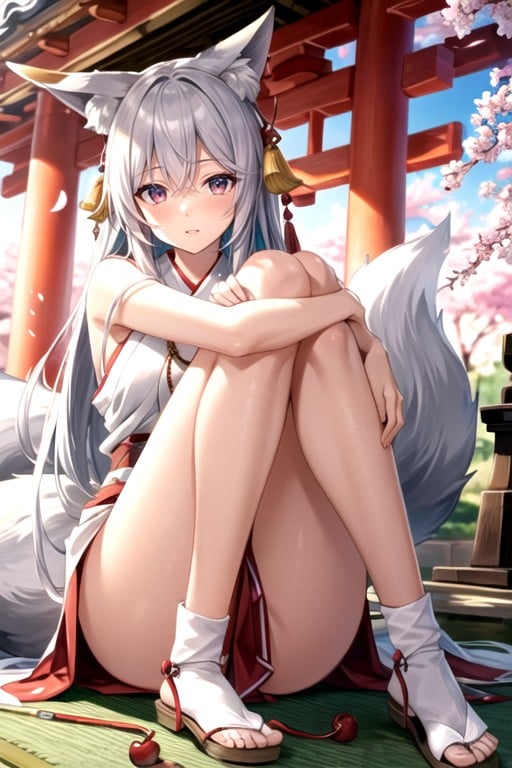 Fox Tail Grows From The Coccygeal Bone, Japanese Shrine Miko, Hugging Own Legs Travesti IA Pornô