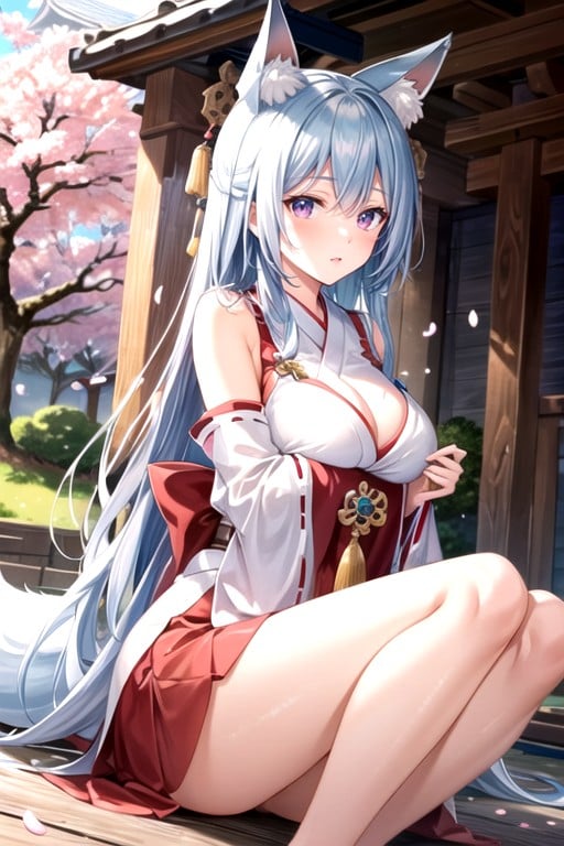 Fox Ears, Hugging Own Legs, Cherry Blossoms Hentai AI Porn