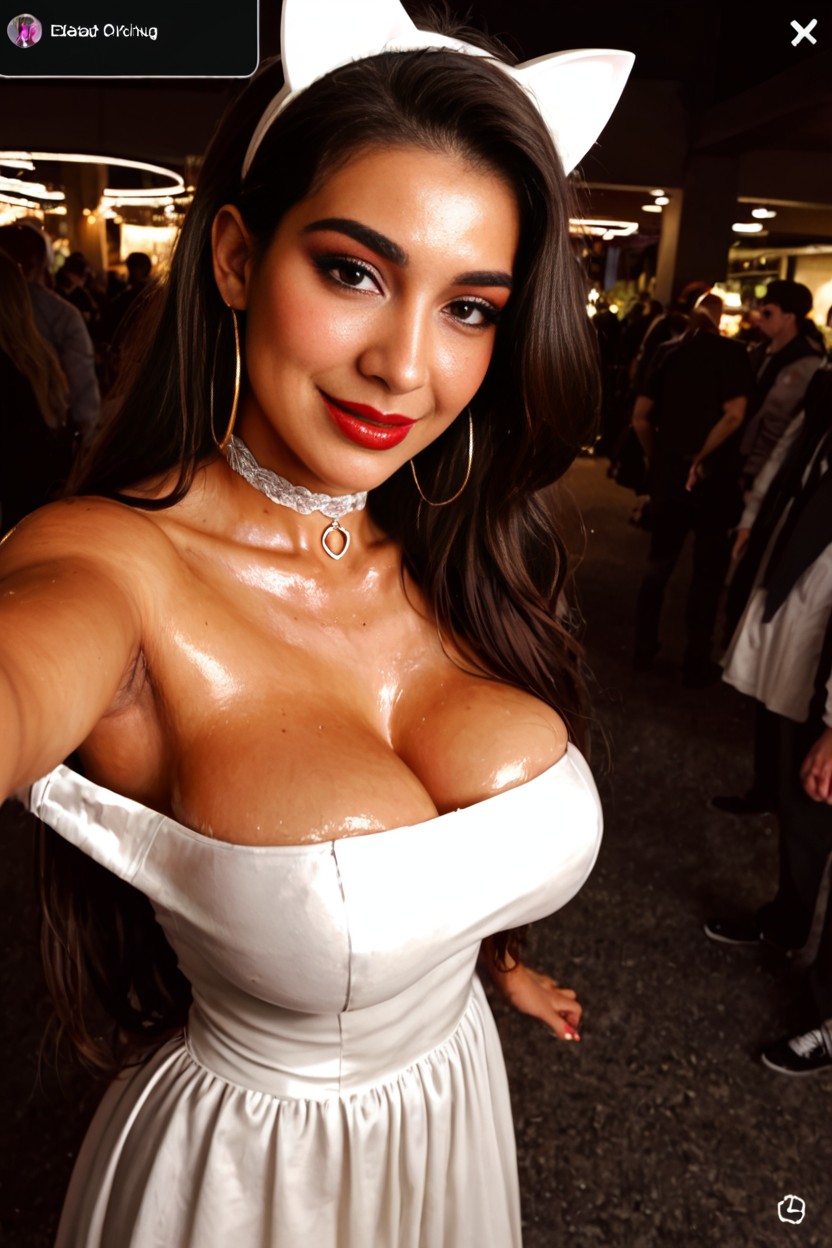 Smiling, Large Pale Faded Areolas, Cat Ears AI Porn