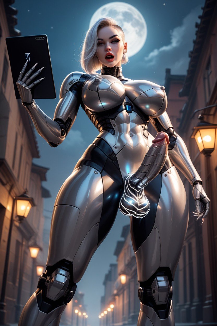 She Is Standing On Zhe Moon Surface, Glowing Metallic Balls, Robotized Judy JetsonPorno IA transsexuelle