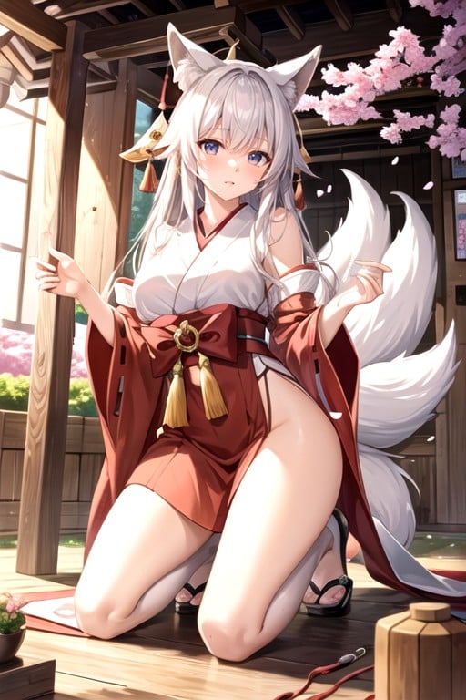 Fox Tail Grows From The Coccygeal Bone, On One Knee, Japanese Shrine MikoニューハーフAIポルノ