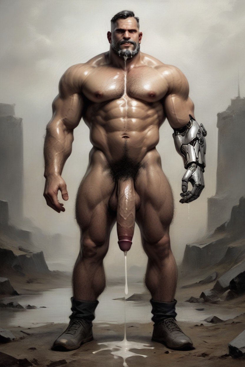 Cinematic Epic Landscape With A Massive Erect Penis Standing Upright Up Towards His Face, High-contrast, Ultra-detailed Cyborg Man With Hairy Chest And Thick Black Pubic Hair Stands In A Powerful Pose AI Gay Porn