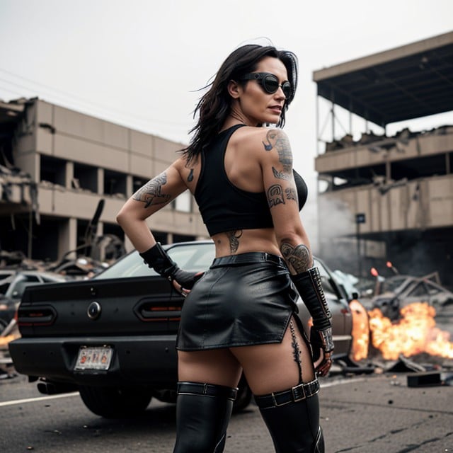 She Is Equipped With Cyberpunk Googles And Weaponry Seemingly A Warrior Or Survivor, Futuristic Vehicle Sits Amidst The Wreckage Of A Battle, Vue ArrièrePorno IA transsexuelle