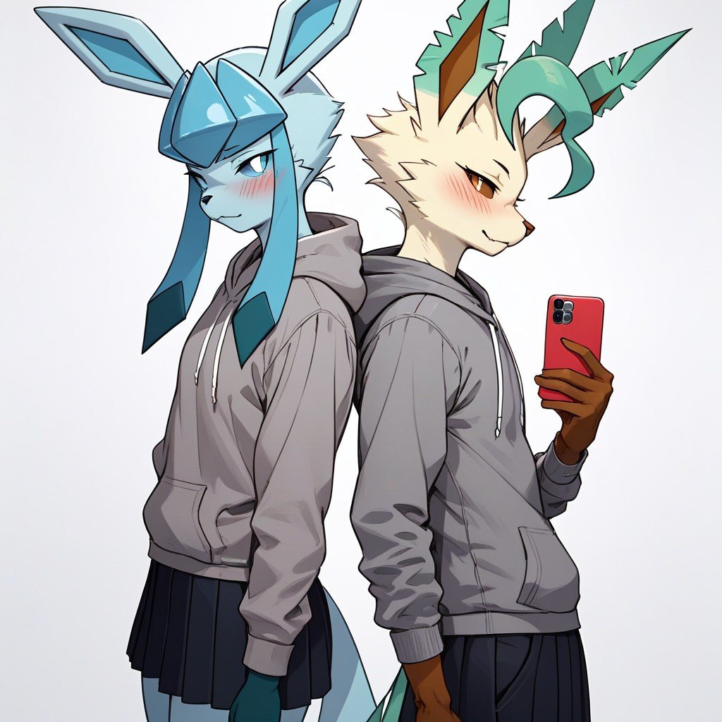 Grey Hoodie, Hugs The Character From Behind, Pokemon Leafeon퍼리 AI 포르노