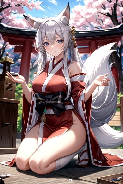 One Woman, Cherry Blossoms, Fox Ears Furry AI Porn