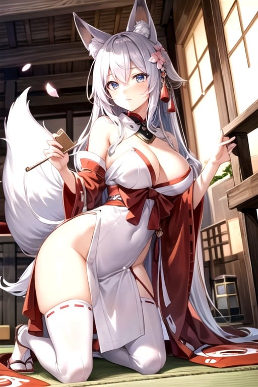 Kneeling, Fox Tail Grows From The Coccygeal Bone, Shrine Furry AI Porn