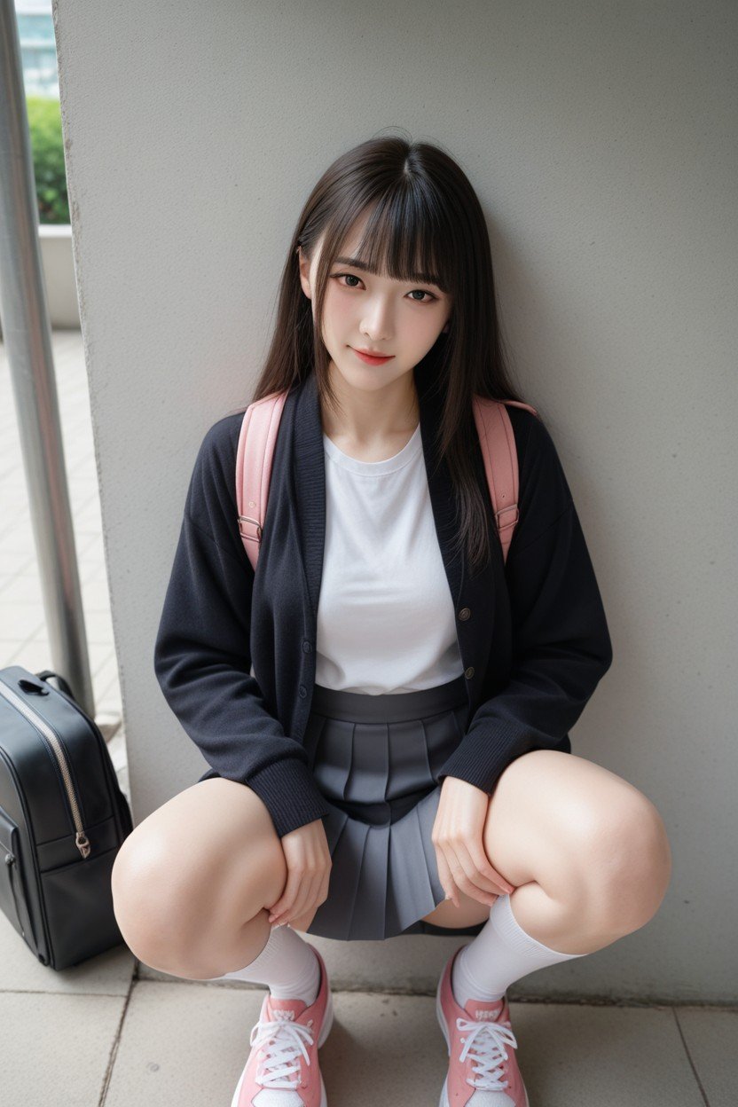 Leaning Back Against The Wall, Wearing Black School Cardigan, Pink SneakersAI国产黄片