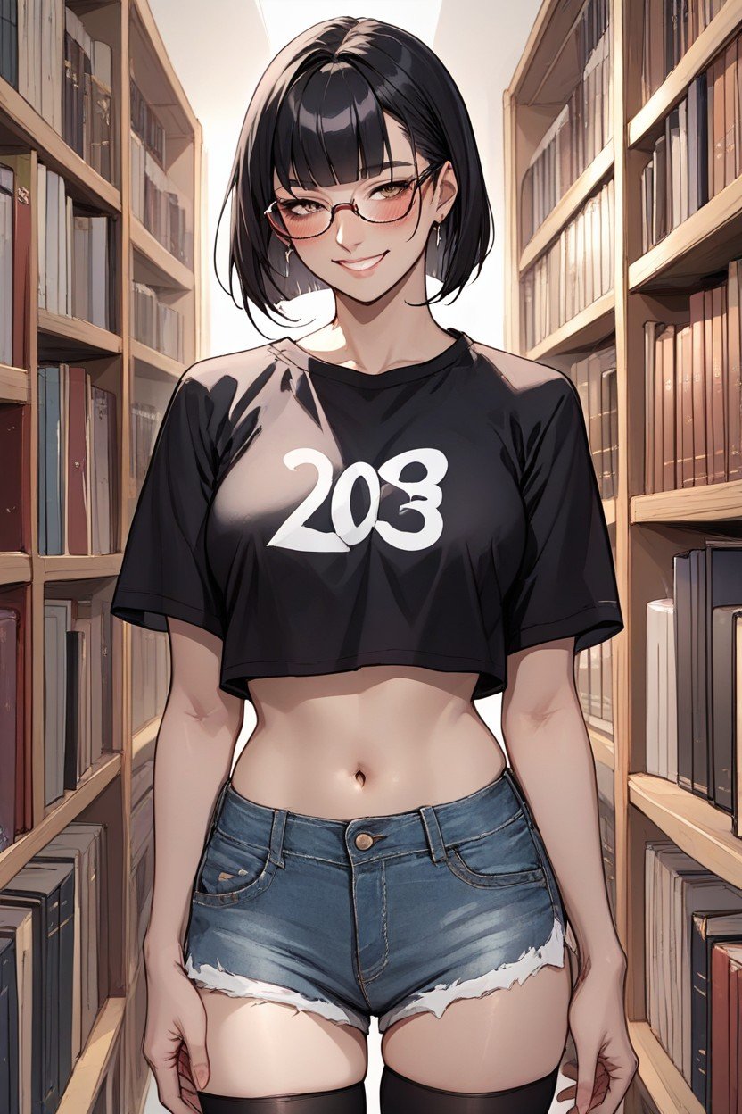 Navel Exposed, Glasses, Library Shemale AI Porn