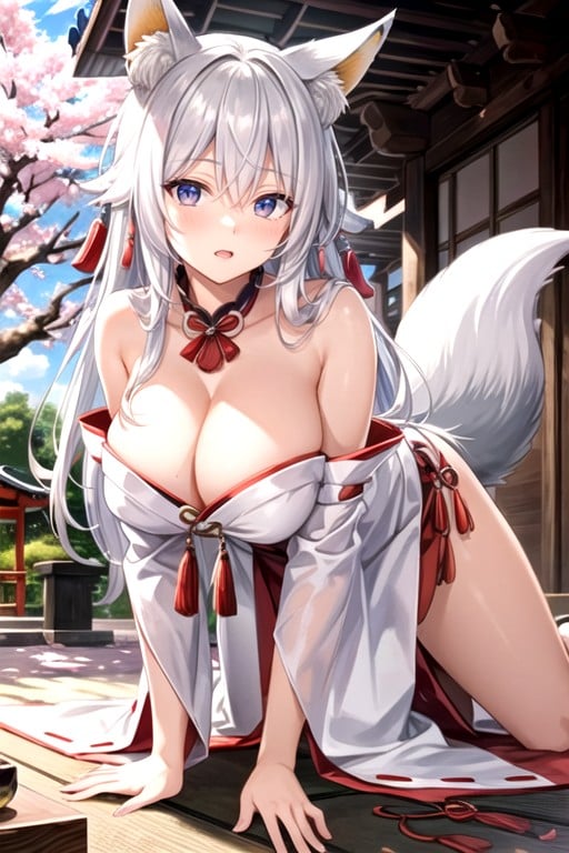 Fox Ears, All Fours, Japanese Shrine Miko Pornografia peluda com IA