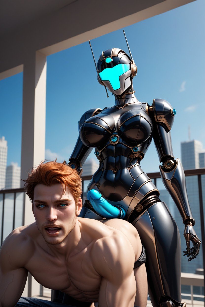 Femdom, Female Robot Dominatrix Nami Open Mouth And Blue Glowing Eyes, Metallic Female Robot Nami Фурри AI порно