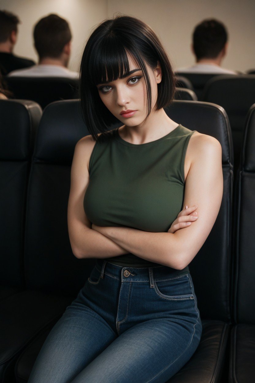 Short Length, Green Sleeveless T-shirt, Bangs Shemale AI Porn