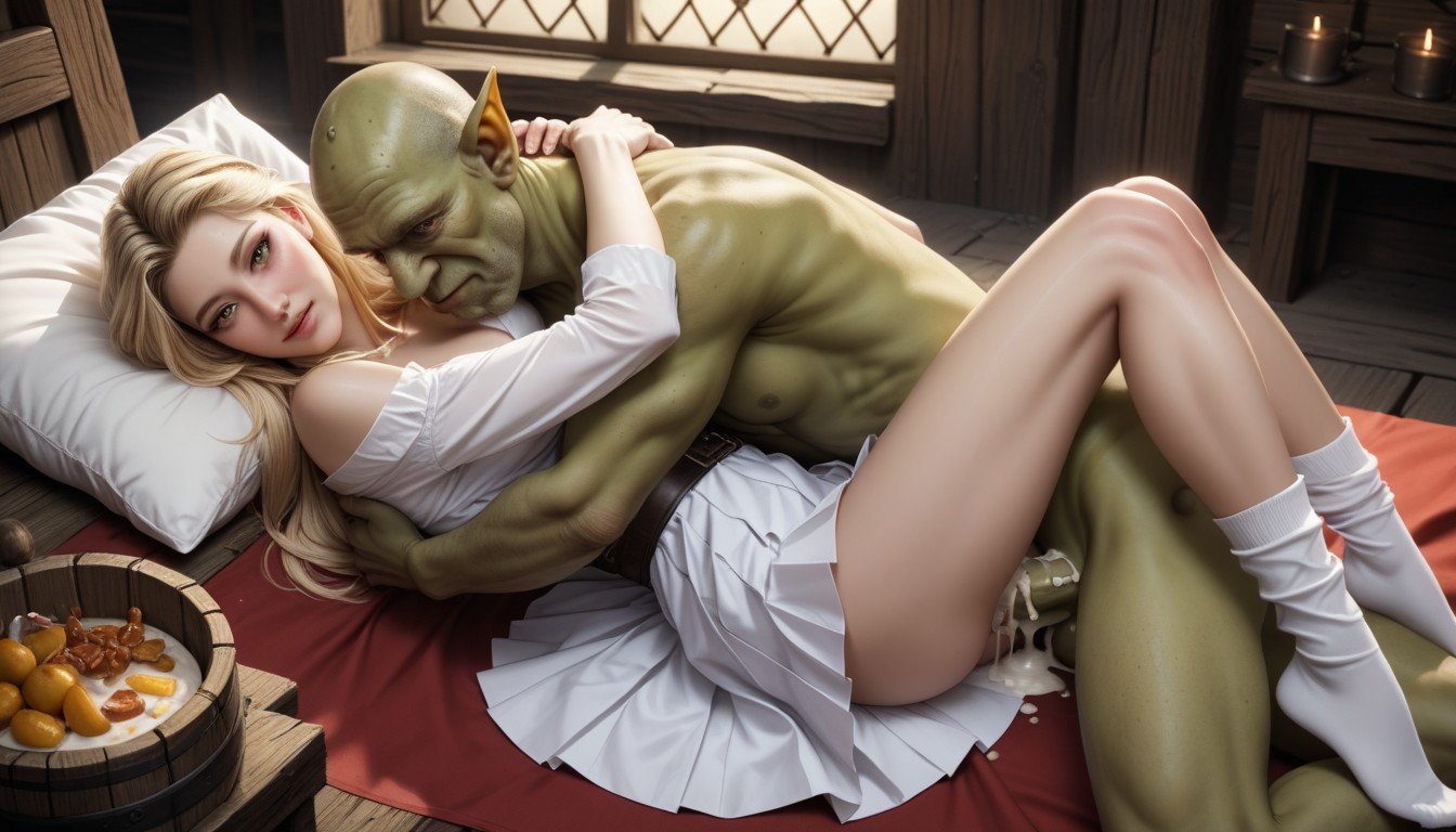 Green Ugly Goblin Leaning On Her, Eyes Wide Open, Cum Dripping Pornografia peluda com IA