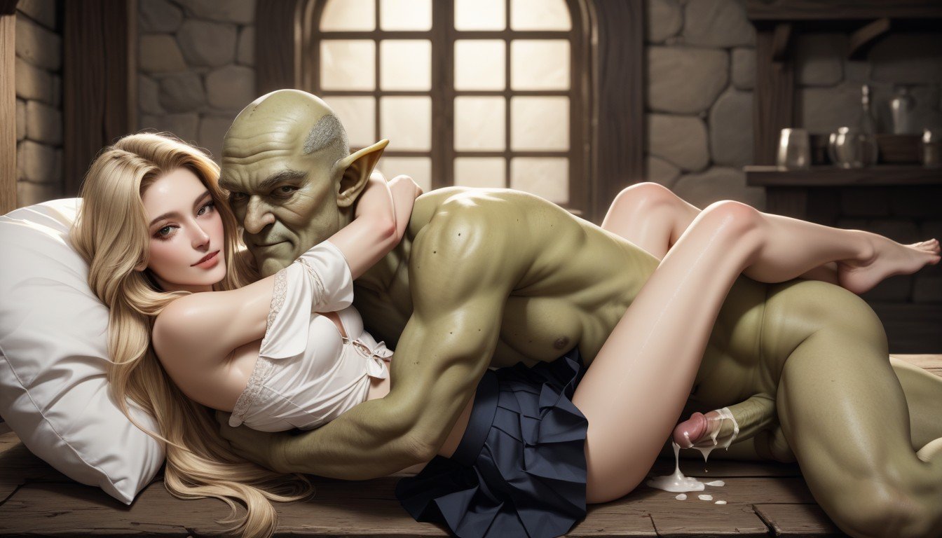 Green Ugly Goblin Leaning On Her, Oily Skin, Long Perfect HairファーリーAIポルノ