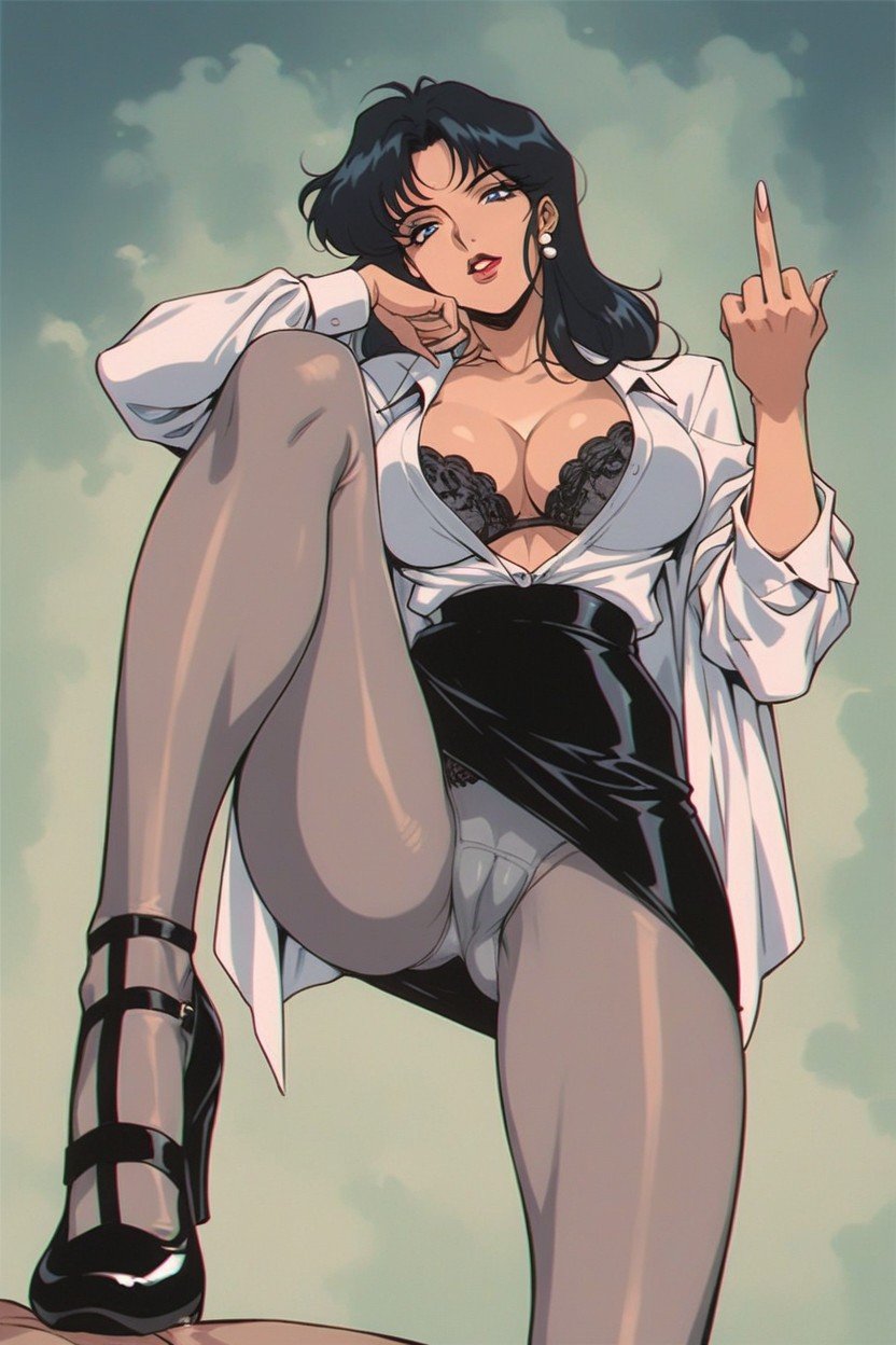 Rounded Breast, A Woman Wearing A White Business Coat, Raising Middle Finger Hentai AI Porn