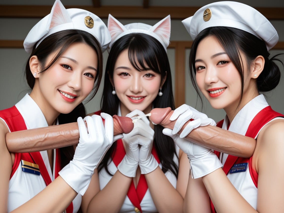 더블 핸드잡, Handjob, Wearing White Gloves Japanese Women Grasp Testicles아시아 AI 포르노