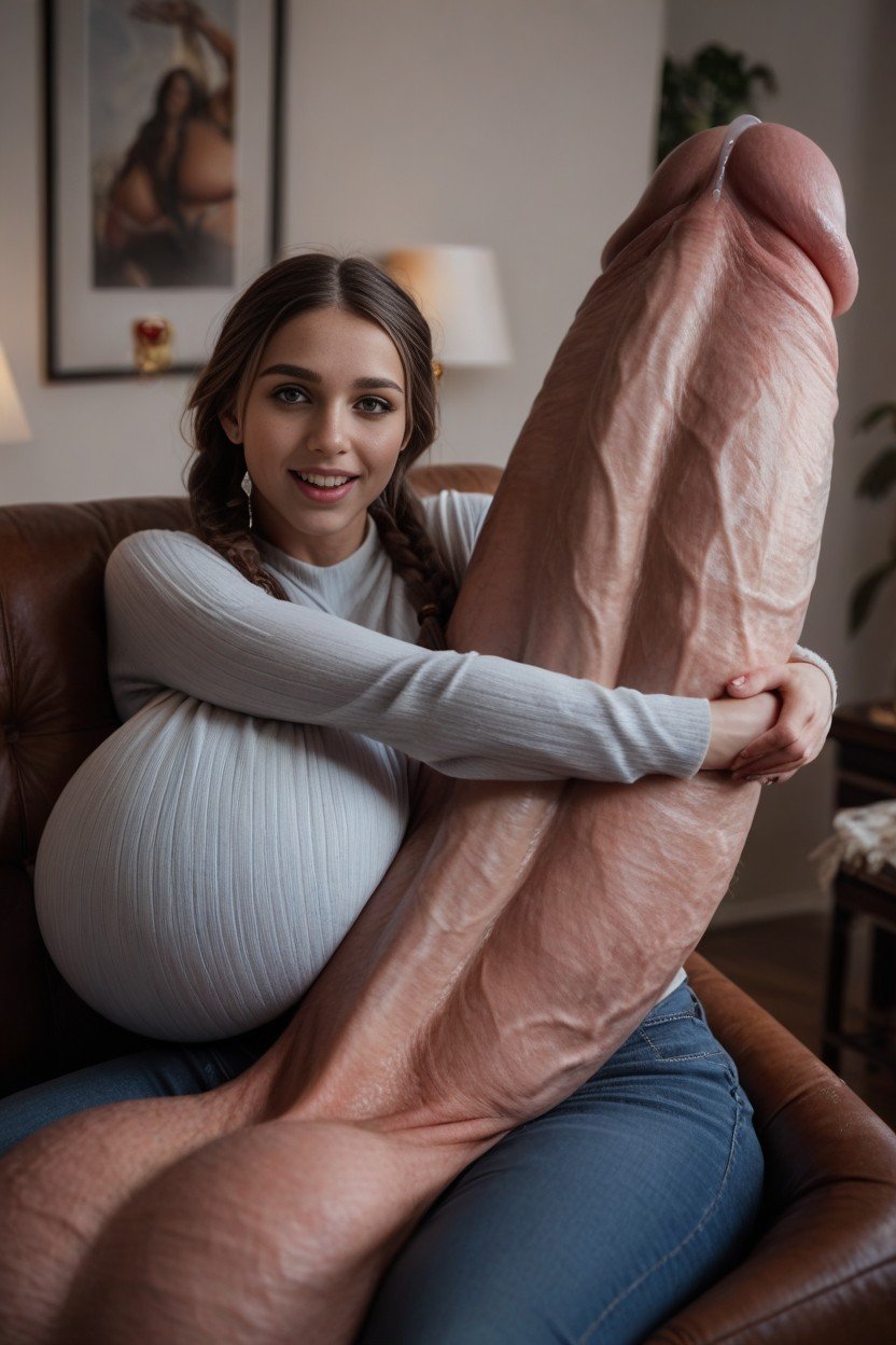 Long Brown Braids, Fully Clothed Woman Hugging Penis, Giant Cock Resting On TitsAI獸人黃片