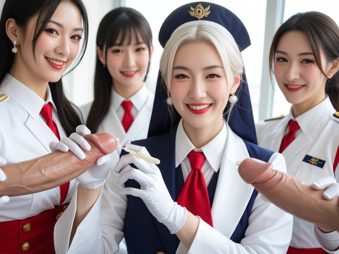 30+, 客室乗務員, Women Wearing White Satin Gloves Grasps Glans HeadファーリーAIポルノ