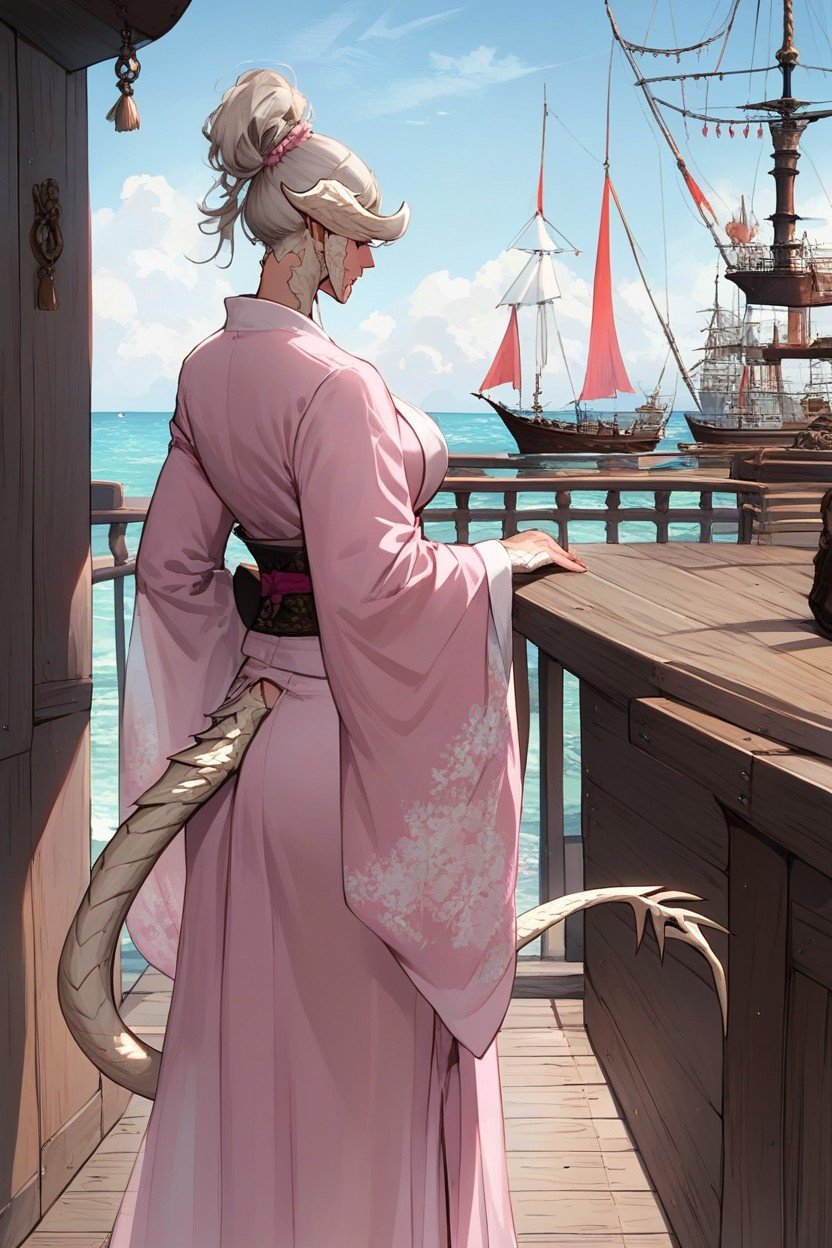 Tail, Standing, Pink Kimono Hentai IA pornografia