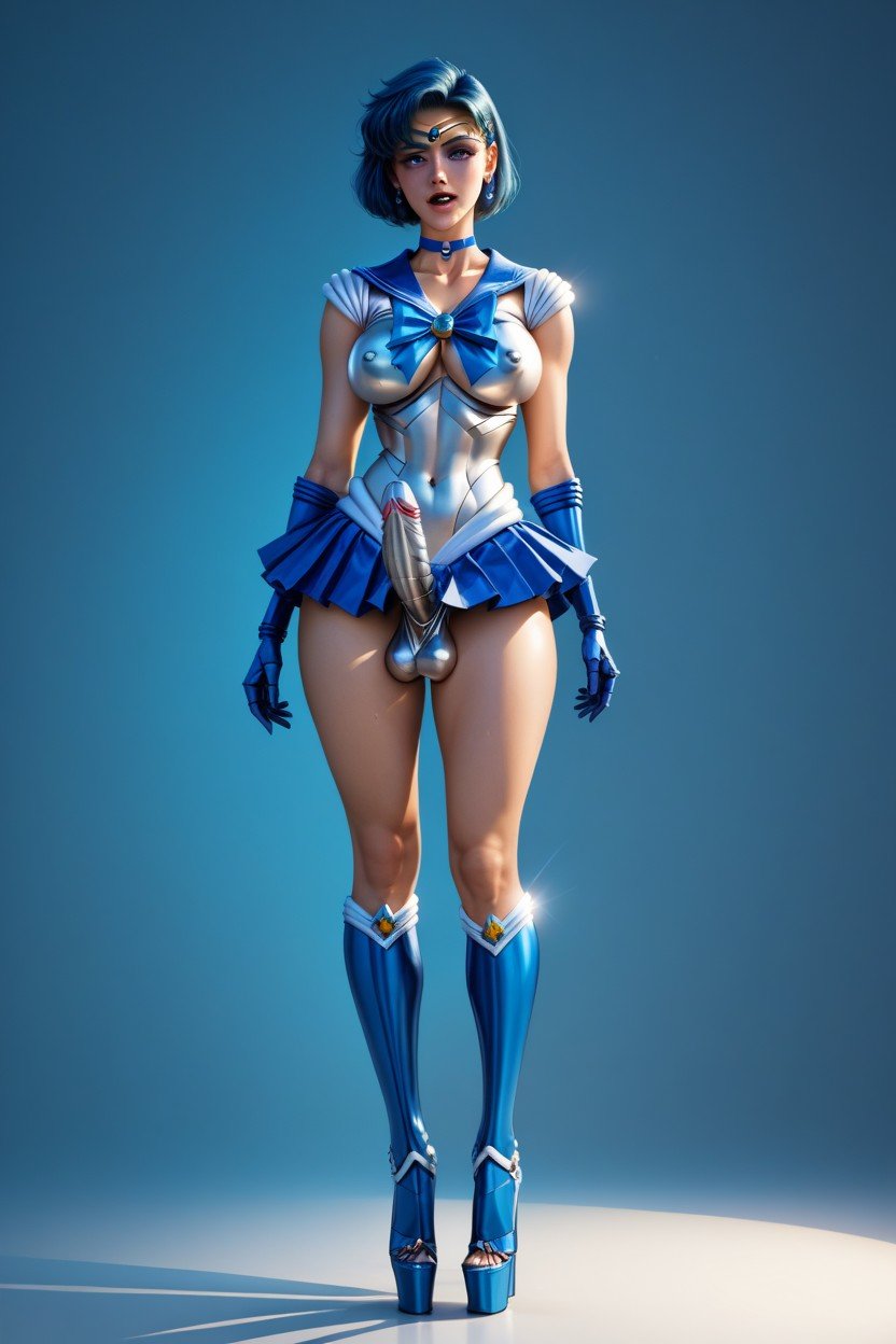 Very High Platform Heels, Erect Metallic Nipples, Blue SkirtニューハーフAIポルノ