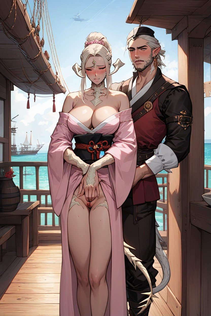 Embarrassed, Pink Kimono, Au Ra Pornografia peluda com IA