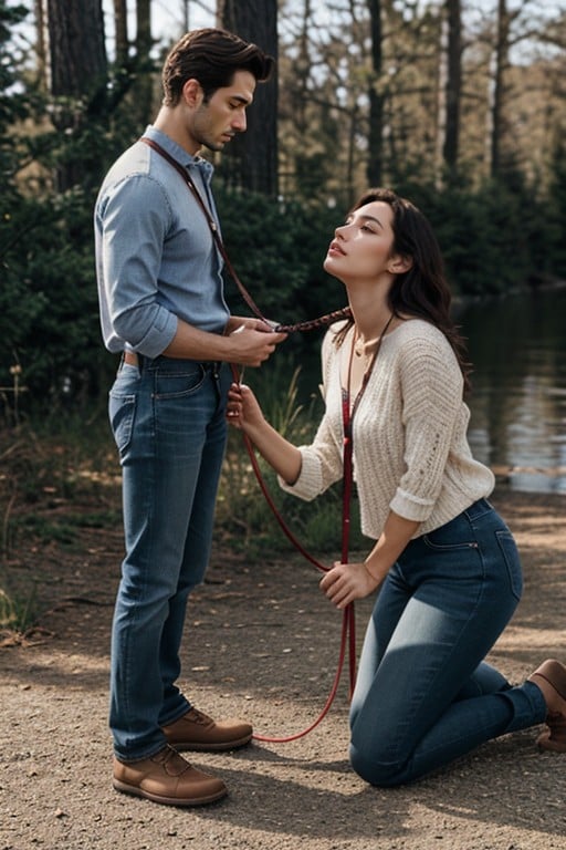 Give Me A Prompt Of A Man Walking A Woman On A Leash The Leash Is Around The Womans Neck The Woman Is Kneeling But Looking Up To The Man While Being Leashed, 18+Furry IA