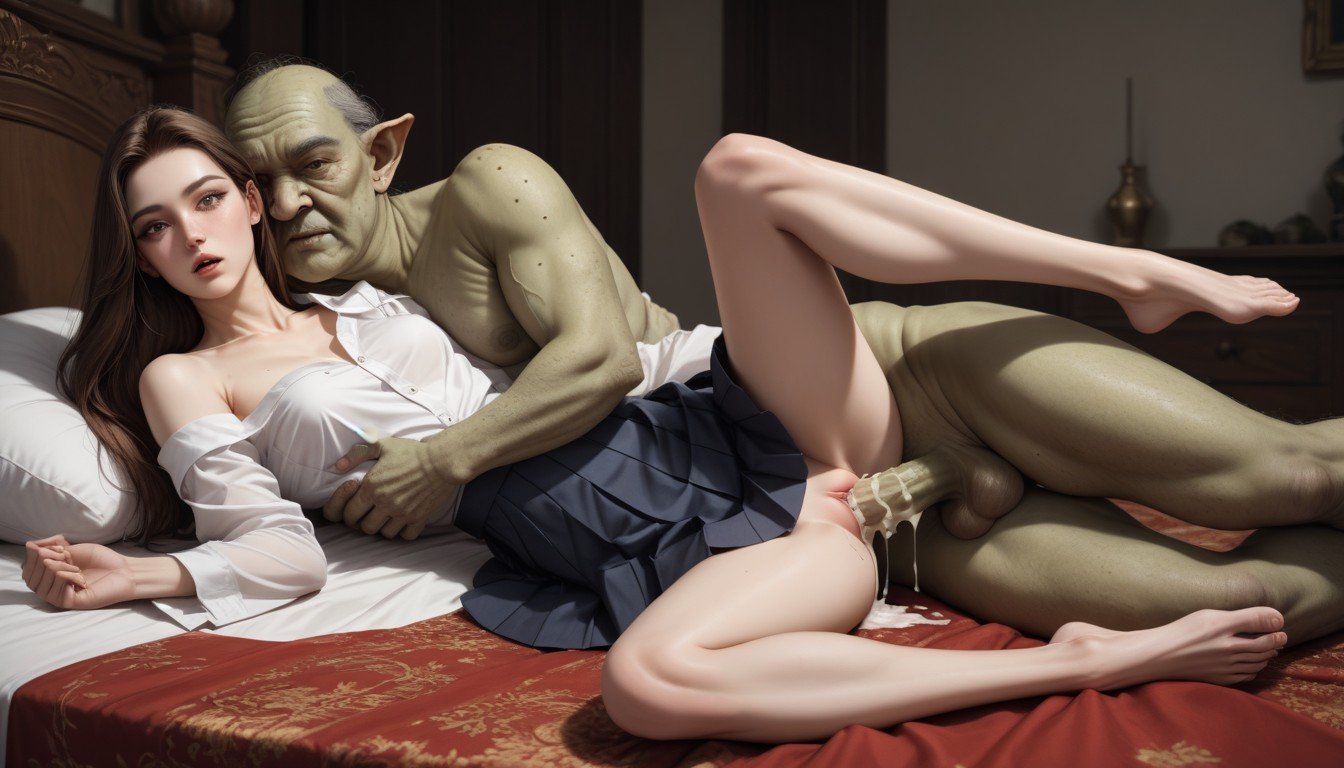 Green Ugly Goblin Leaning On Her, Skinny, Feet Down Shemale AI Porn