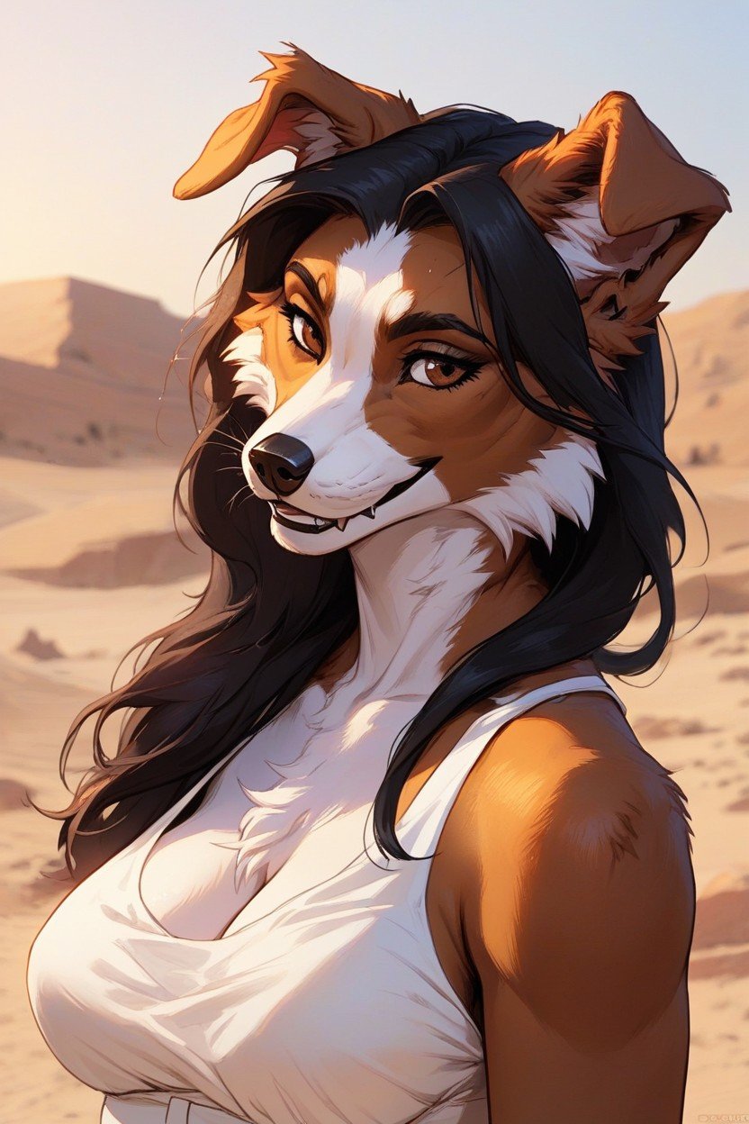 Long Length, Close Up, Female Border Collie With Brown And White Fur Smiling Wearing A Sundress Lean In Closer Furry AI Porn