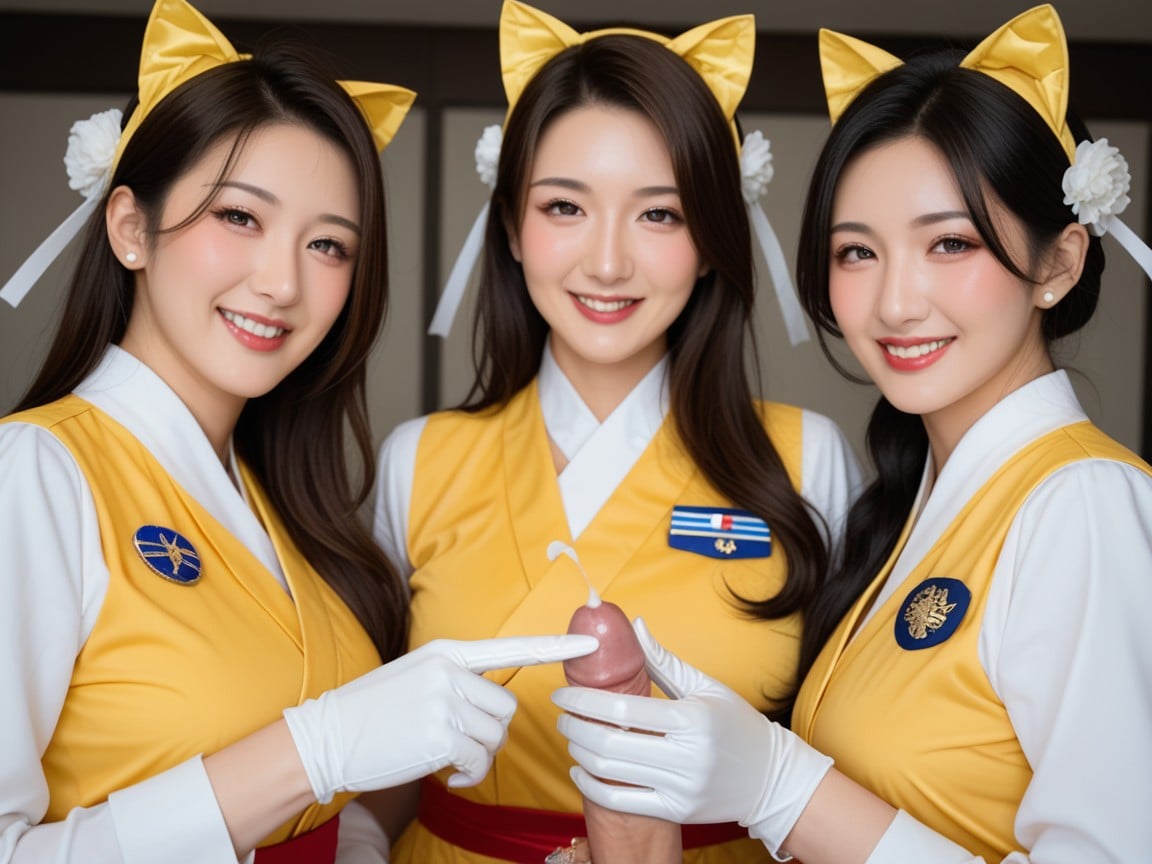 Three Women Wearing Satin Gloves, 장난스런 얼굴, 갈색아시아 AI 포르노